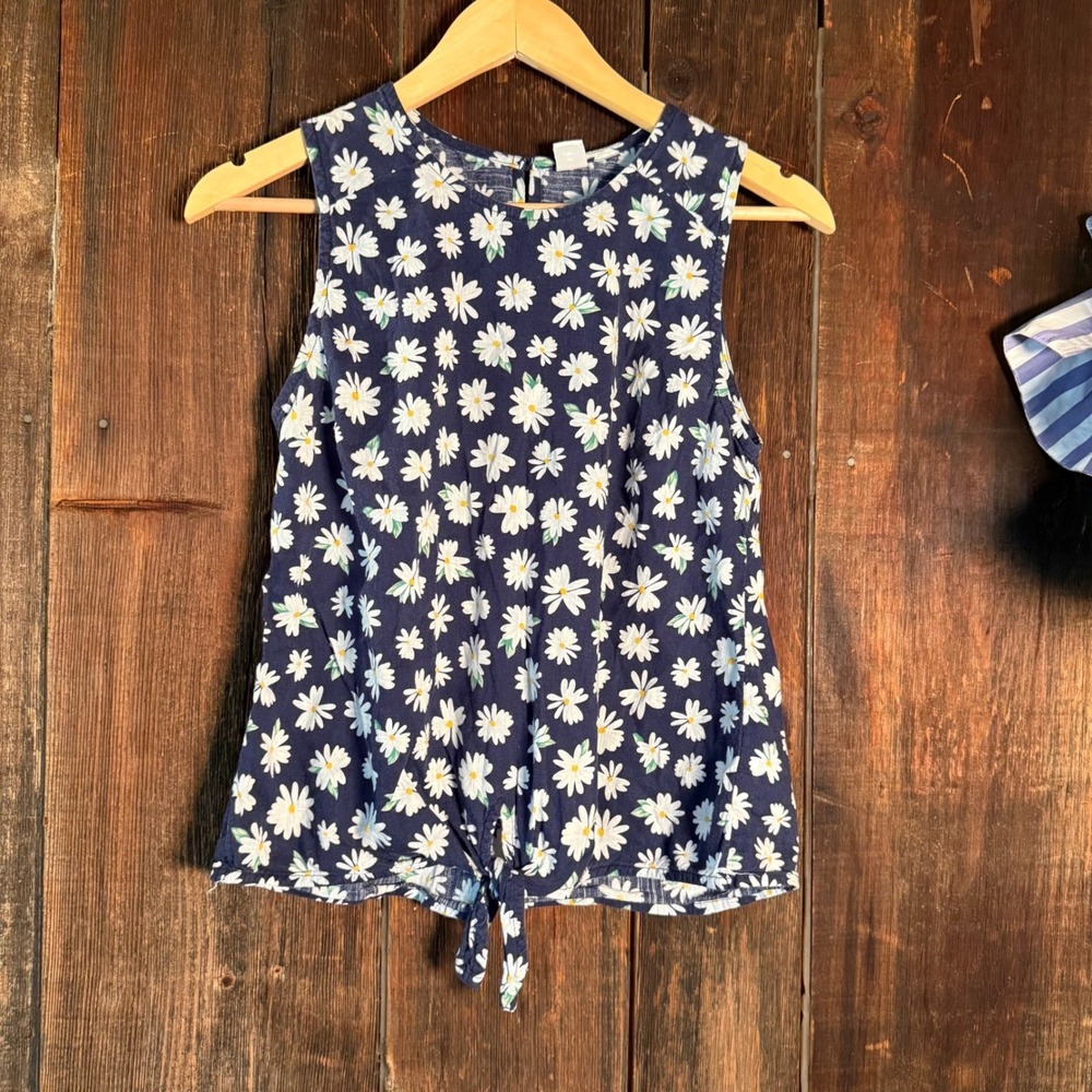 Old Navy Womens XS Navy Blue Daisy Floral Print Sleeveless Front Tie Blouse Top